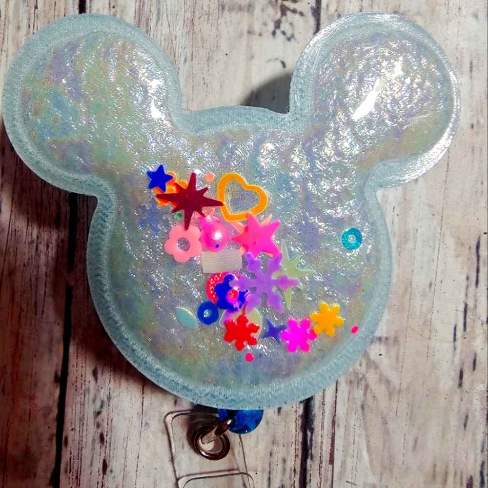 Badge Reel Blue Minnie Mouse Snow Globe Glitter Retractable ID Holder